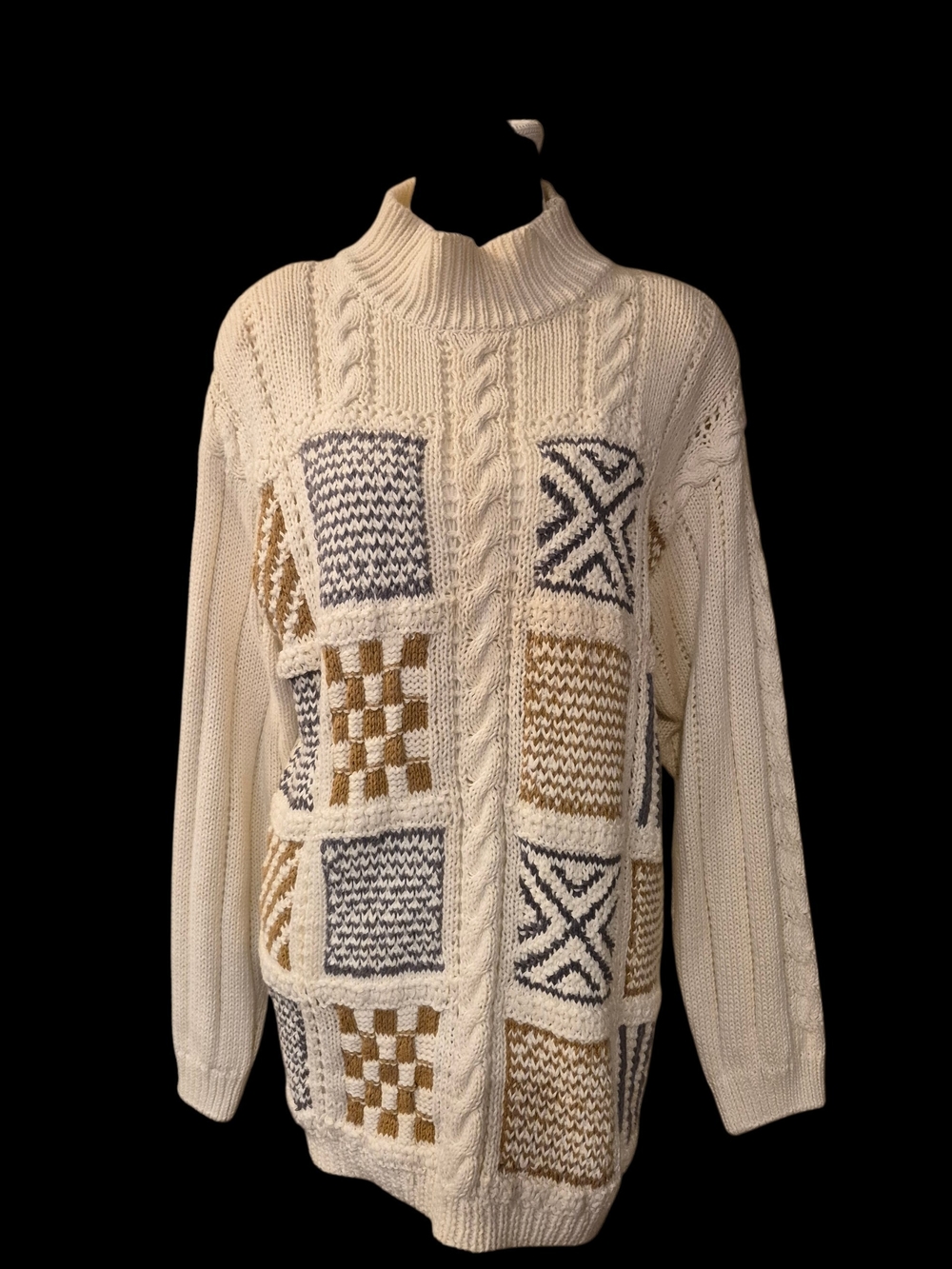 VTG Leslie Fay Cream Cable-Knit Patchwork Turtleneck Sweater with Tan and Grey